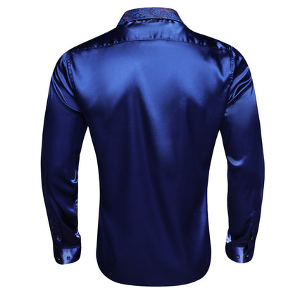 Navy Blue Solid Splicing Paisley Dress Shirt shirt    - Sophisticated Gentlemen