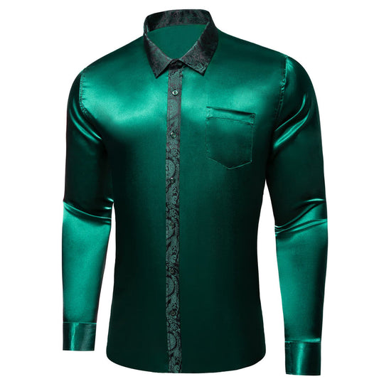 Sapphire Pine Green Solid Splicing Floral Dress Shirt shirt S   - Sophisticated Gentlemen