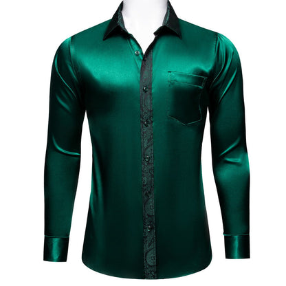 Sapphire Pine Green Solid Splicing Floral Dress Shirt shirt    - Sophisticated Gentlemen