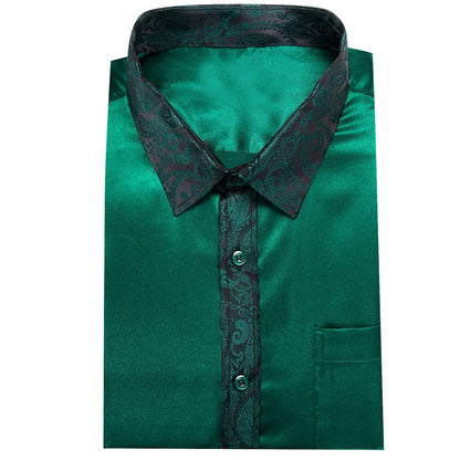 Sapphire Pine Green Solid Splicing Floral Dress Shirt shirt    - Sophisticated Gentlemen