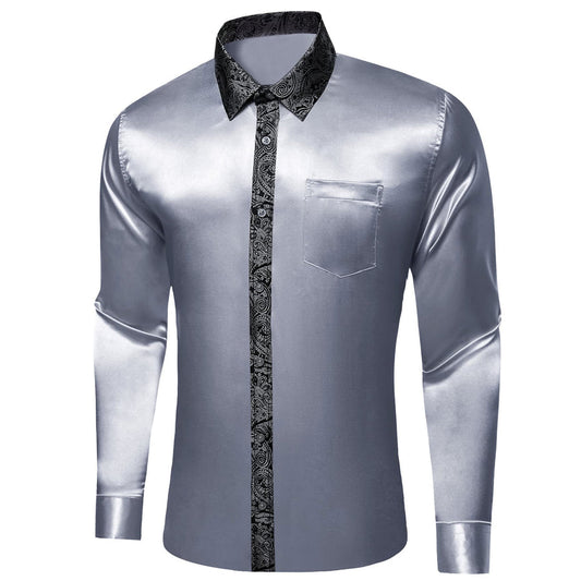 Gray Solid Splicing Paisley Dress Shirt shirt S   - Sophisticated Gentlemen