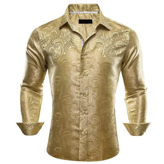 Yellow Sand Paisley Silk Dress Shirt shirt S   - Sophisticated Gentlemen