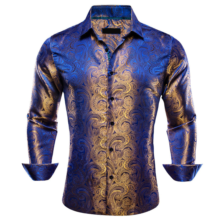 Blue Yellow Paisley Silk Dress Shirt shirt S   - Sophisticated Gentlemen