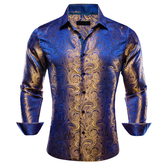 Blue Yellow Paisley Silk Dress Shirt shirt S   - Sophisticated Gentlemen