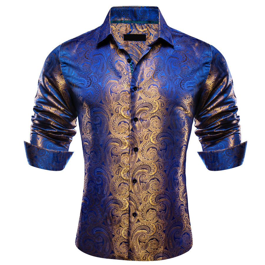 Blue Yellow Paisley Silk Dress Shirt shirt    - Sophisticated Gentlemen