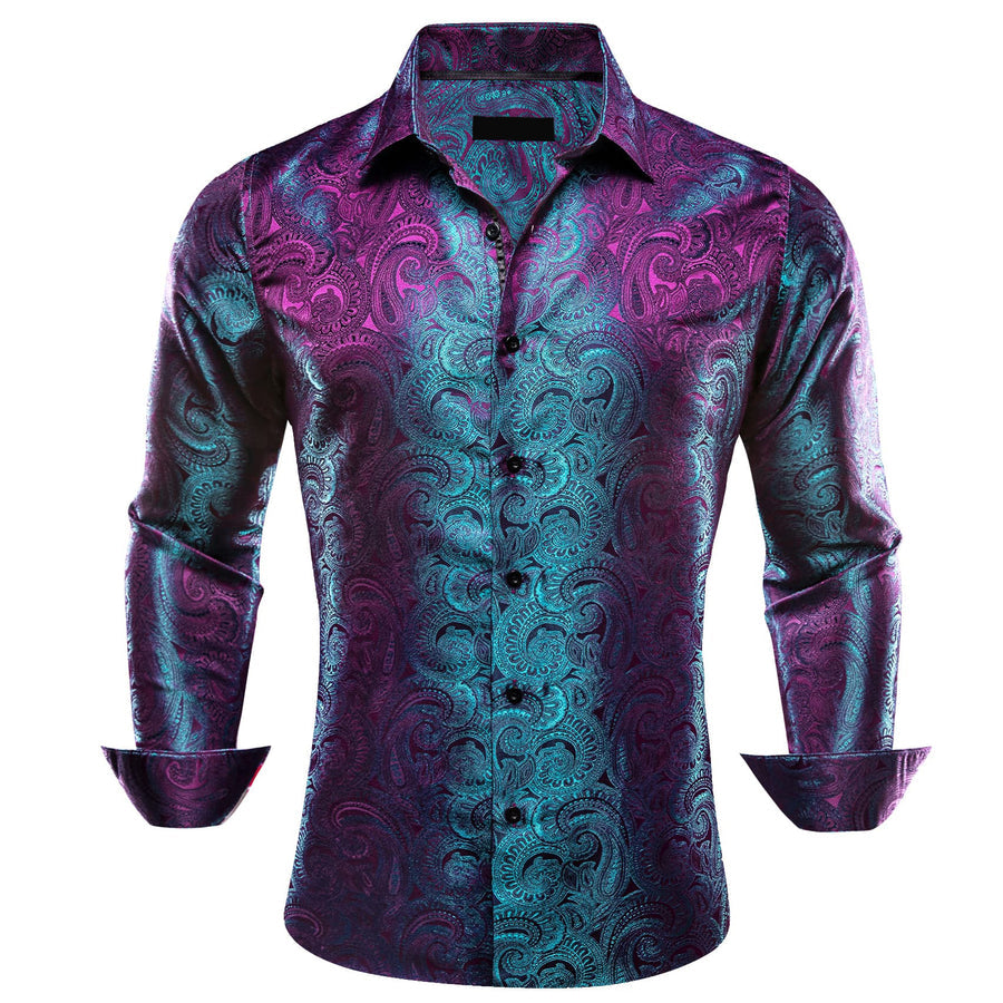 Purple Teal Paisley Silk Men's Dress Shirt shirt S   - Sophisticated Gentlemen