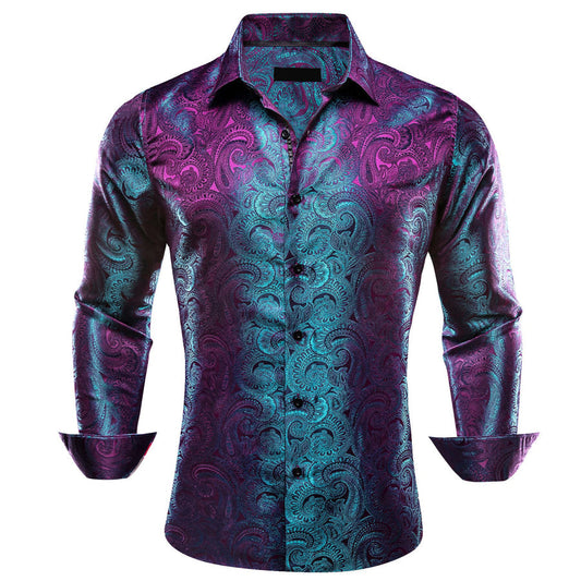 Purple Teal Paisley Silk Men's Dress Shirt shirt S   - Sophisticated Gentlemen