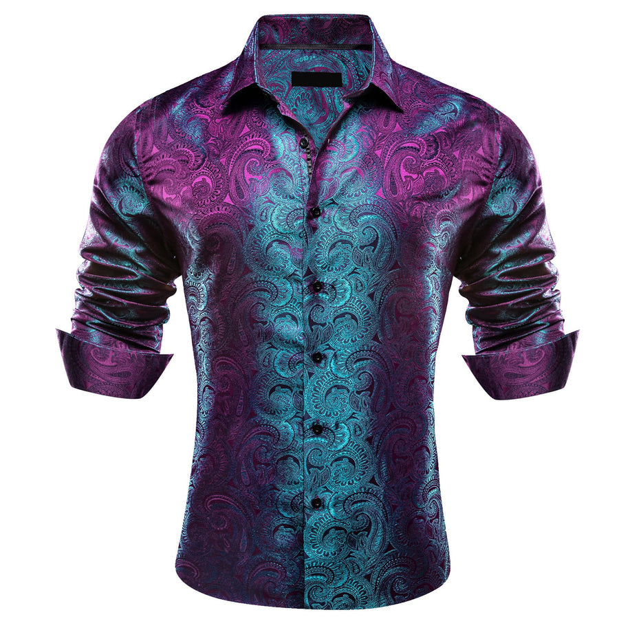 Purple Teal Paisley Silk Men's Dress Shirt shirt    - Sophisticated Gentlemen