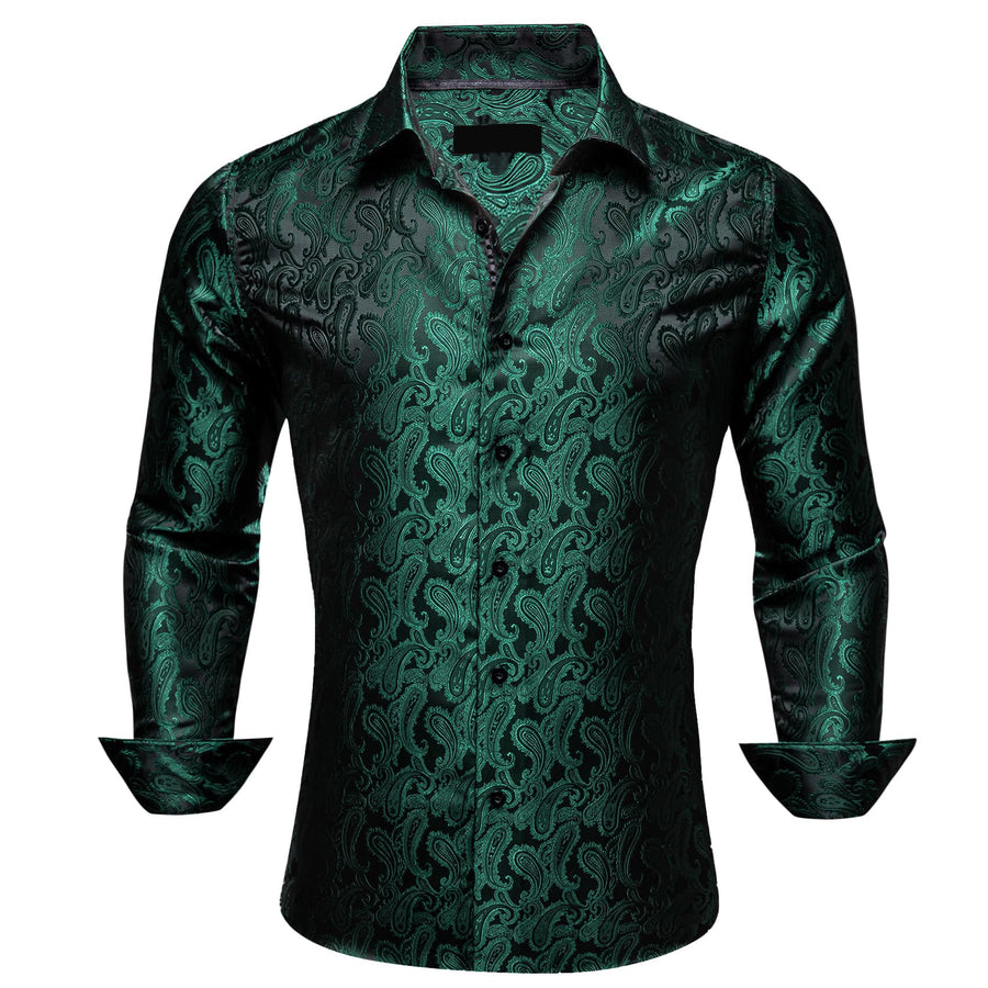 Sapphire Pine Green Paisley Silk Dress Shirt shirt S   - Sophisticated Gentlemen