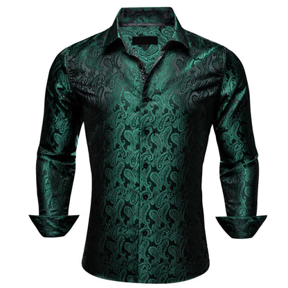 Sapphire Pine Green Paisley Silk Dress Shirt shirt S   - Sophisticated Gentlemen