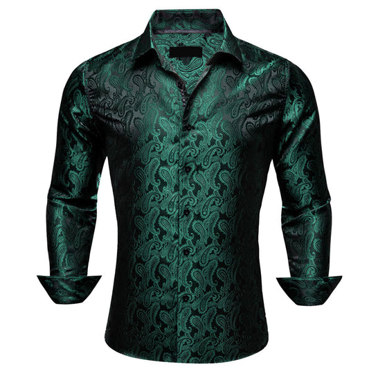 Sapphire Pine Green Paisley Silk Dress Shirt shirt S   - Sophisticated Gentlemen