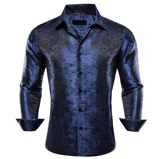 Navy Blue Paisley Silk Dress Shirt shirt S   - Sophisticated Gentlemen