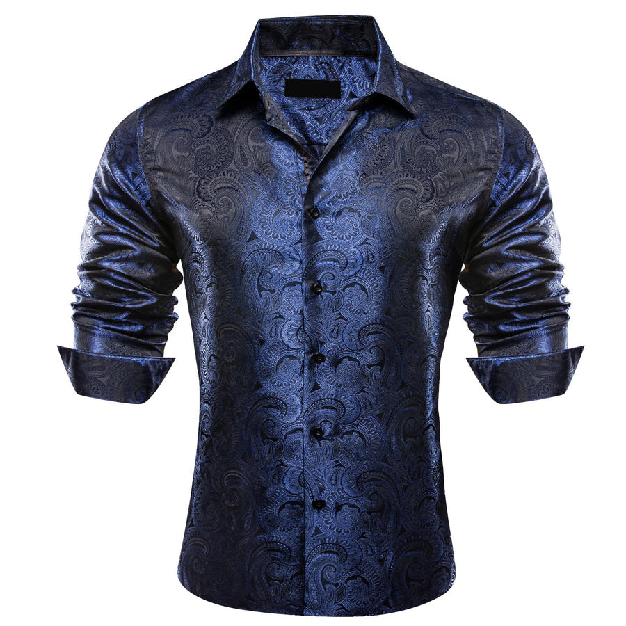 Navy Blue Paisley Silk Dress Shirt shirt    - Sophisticated Gentlemen