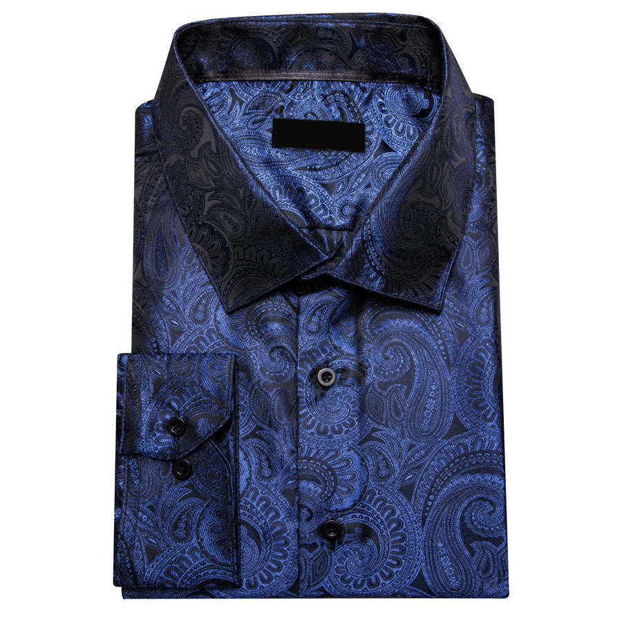 Navy Blue Paisley Silk Dress Shirt shirt    - Sophisticated Gentlemen