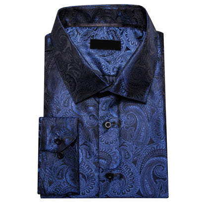 Navy Blue Paisley Silk Dress Shirt shirt    - Sophisticated Gentlemen