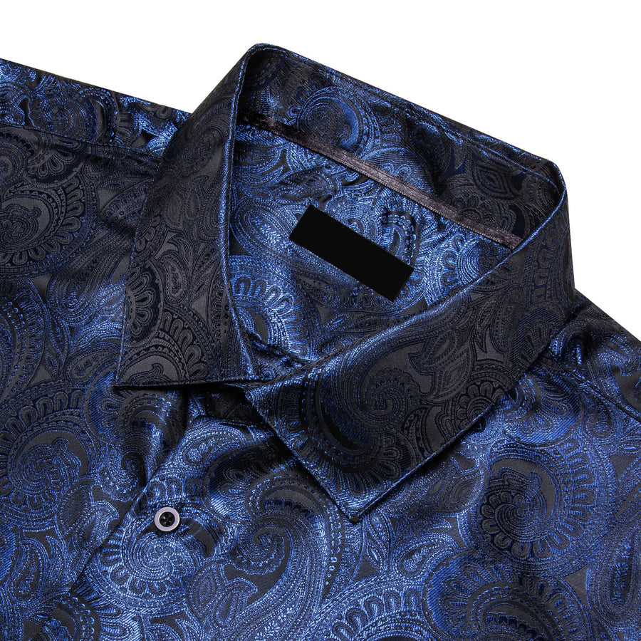 Navy Blue Paisley Silk Dress Shirt shirt    - Sophisticated Gentlemen