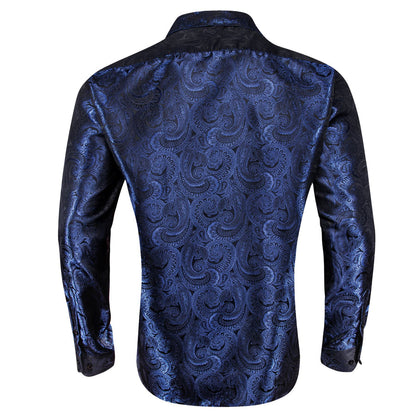 Navy Blue Paisley Silk Dress Shirt shirt    - Sophisticated Gentlemen