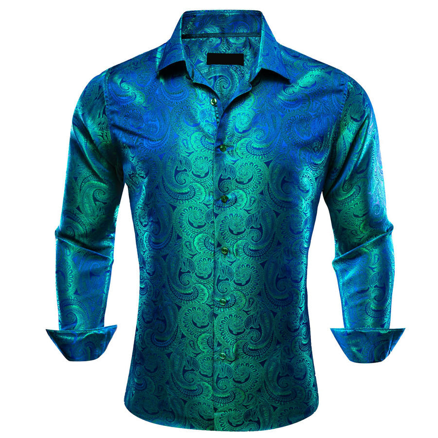Blue Green Paisley Silk Dress Shirt shirt S   - Sophisticated Gentlemen