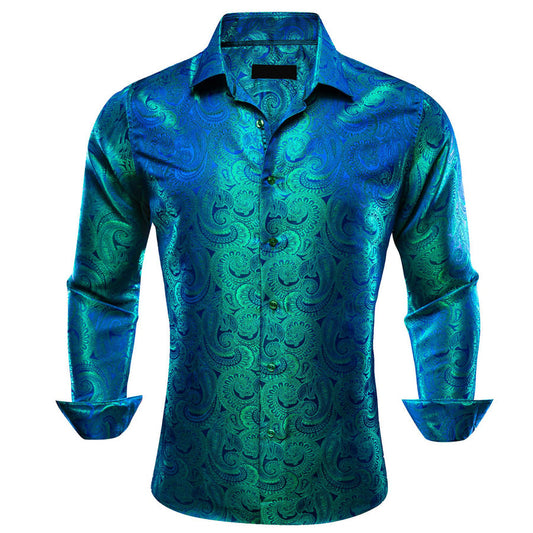 Blue Green Paisley Silk Dress Shirt shirt S   - Sophisticated Gentlemen