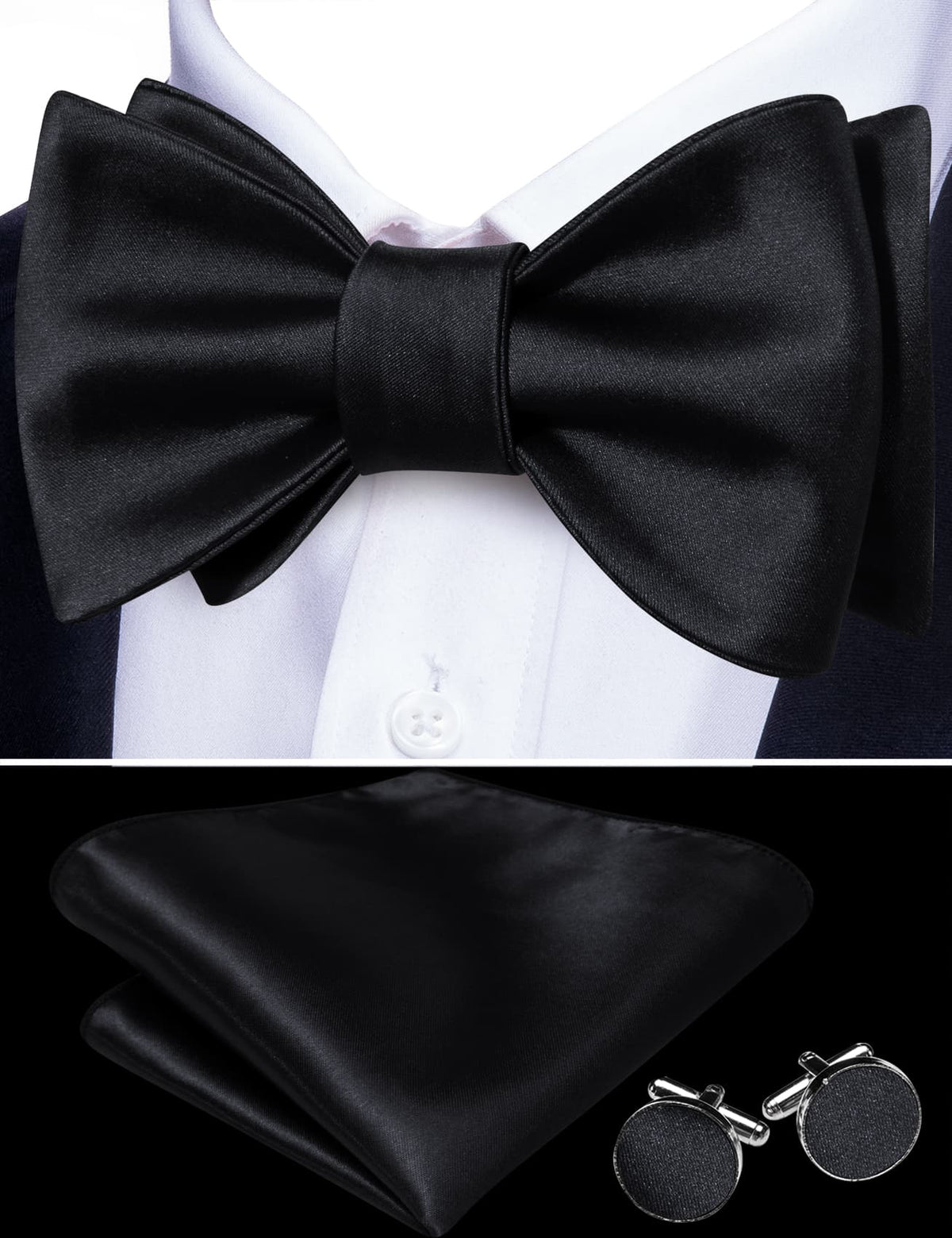 Black Solid Bow Tie Set bow ties    - Sophisticated Gentlemen