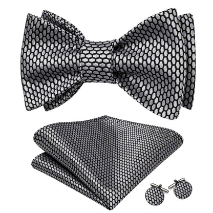 Black Silver Geometric Self-Tied Bow Tie Set bow ties    - Sophisticated Gentlemen