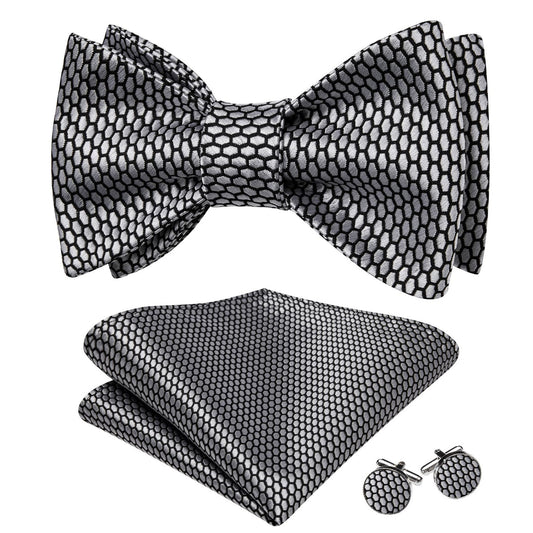Black Silver Geometric Self-Tied Bow Tie Set bow ties    - Sophisticated Gentlemen