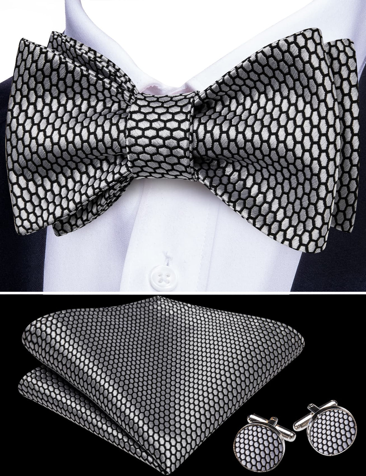 Black Silver Geometric Self-Tied Bow Tie Set bow ties    - Sophisticated Gentlemen