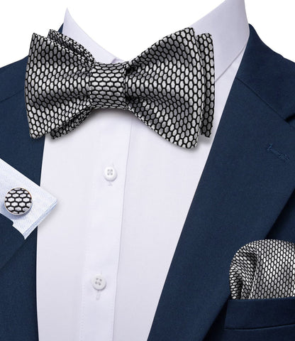 Black Silver Geometric Self-Tied Bow Tie Set bow ties    - Sophisticated Gentlemen