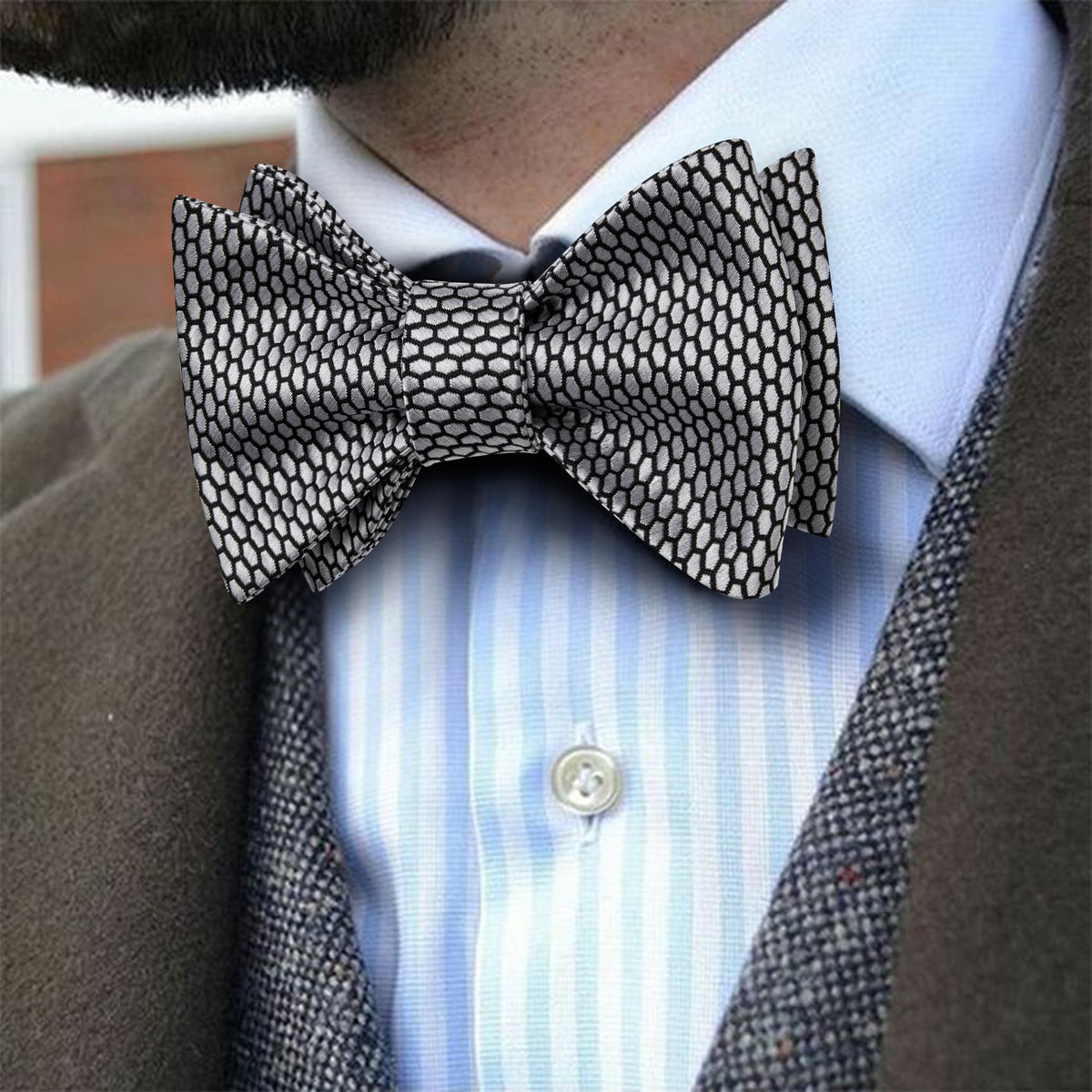 Black Silver Geometric Self-Tied Bow Tie Set bow ties    - Sophisticated Gentlemen
