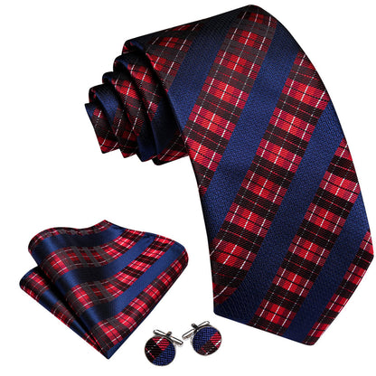Dark Blue Red White Checkered Tie, Pocket Square and Cufflinks Set tie sets    - Sophisticated Gentlemen