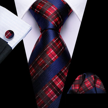 Dark Blue Red White Checkered Tie, Pocket Square and Cufflinks Set tie sets    - Sophisticated Gentlemen