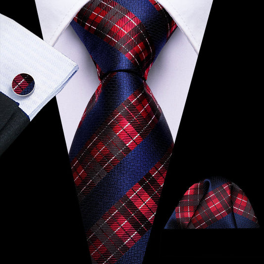 Dark Blue Red White Checkered Tie, Pocket Square and Cufflinks Set tie sets    - Sophisticated Gentlemen