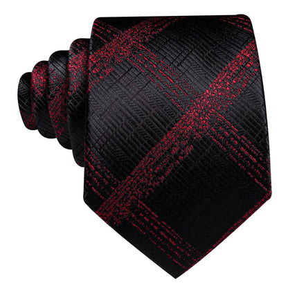 Dark Red Plaid Jacquard Tie, Pocket Square, and Cufflinks Set tie sets    - Sophisticated Gentlemen