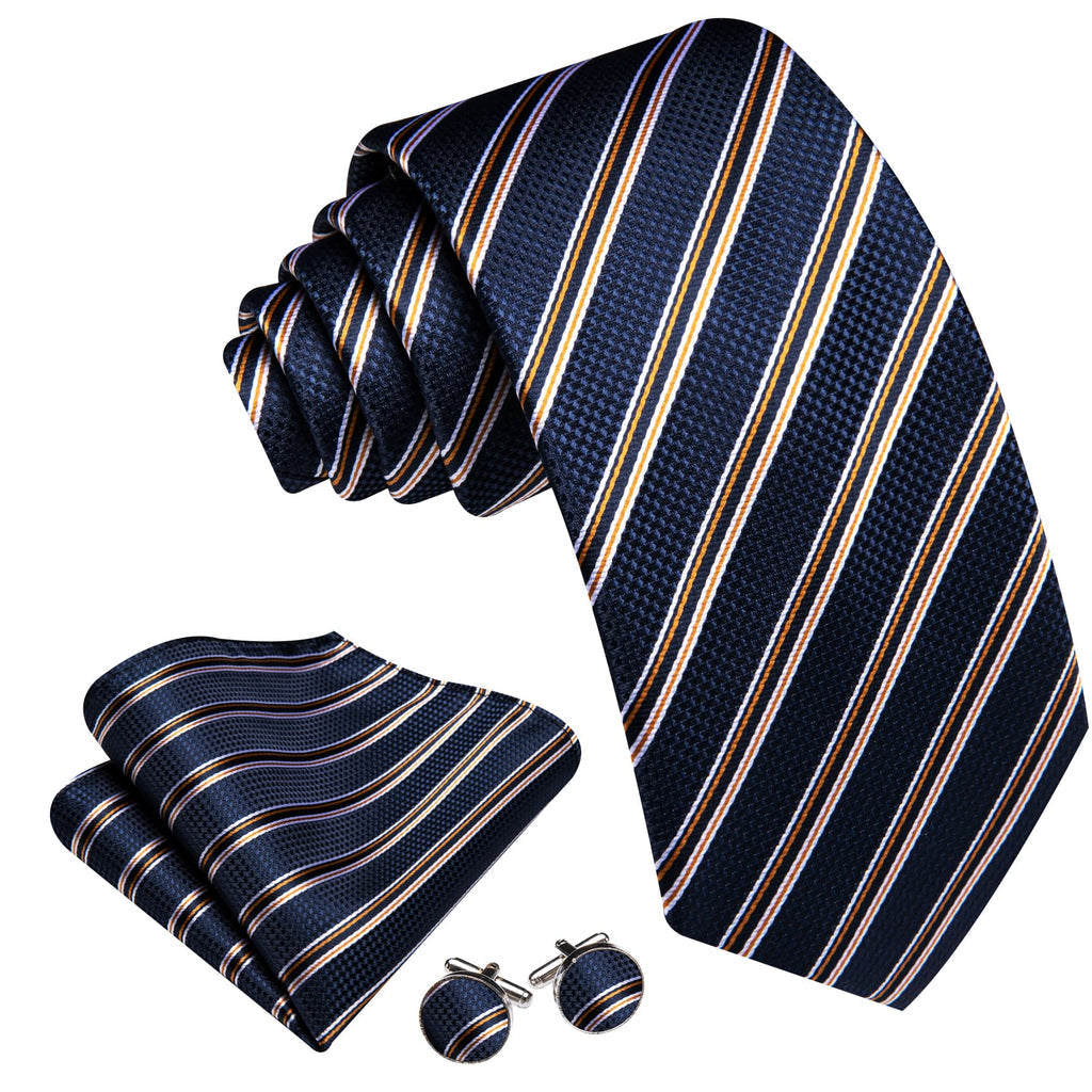 Dark Blue, Black, and Yellow Striped Jacquard Tie, Pocket Square, and Cufflinks Set tie sets    - Sophisticated Gentlemen