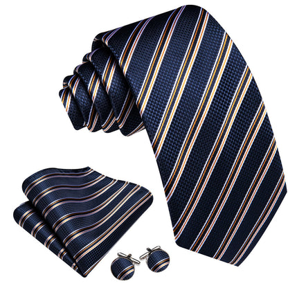Dark Blue, Black, and Yellow Striped Jacquard Tie, Pocket Square, and Cufflinks Set tie sets    - Sophisticated Gentlemen