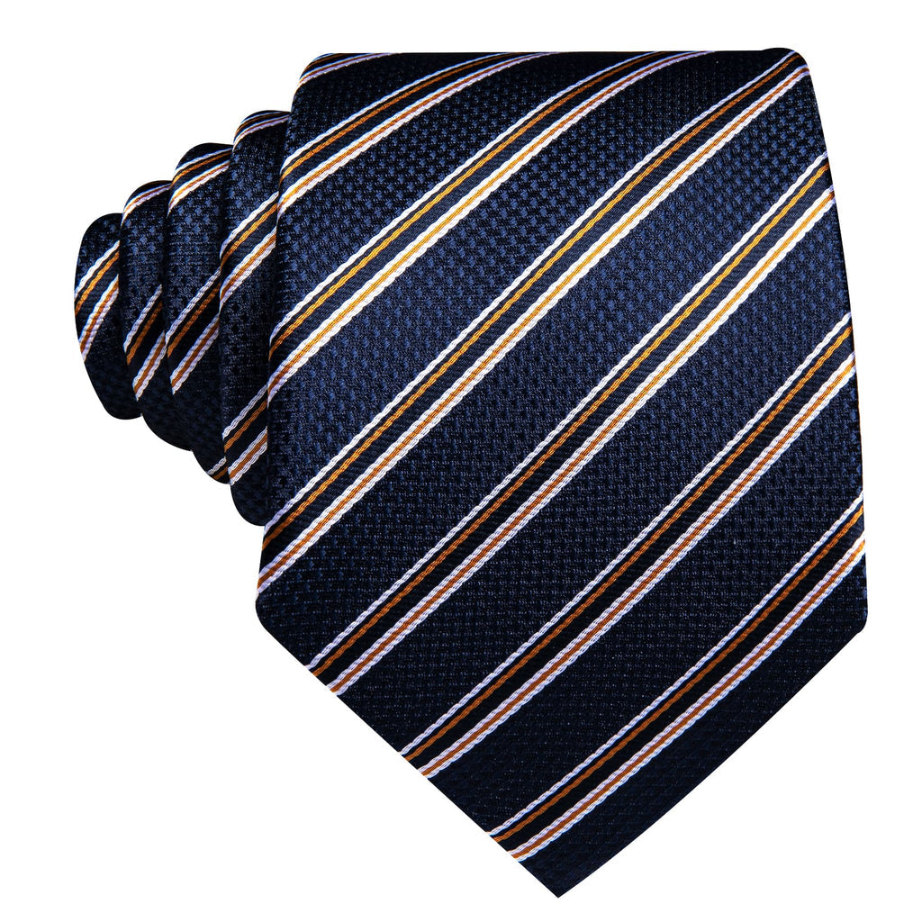 Dark Blue, Black, and Yellow Striped Jacquard Tie, Pocket Square, and Cufflinks Set tie sets    - Sophisticated Gentlemen