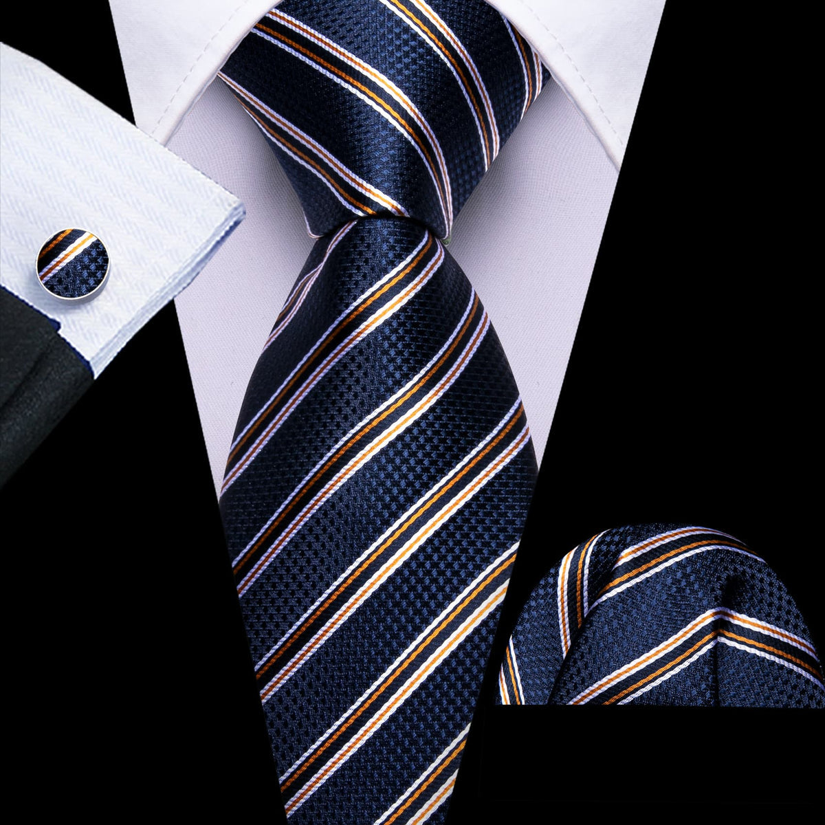 Dark Blue, Black, and Yellow Striped Jacquard Tie, Pocket Square, and Cufflinks Set tie sets    - Sophisticated Gentlemen