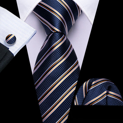 Dark Blue, Black, and Yellow Striped Jacquard Tie, Pocket Square, and Cufflinks Set tie sets    - Sophisticated Gentlemen