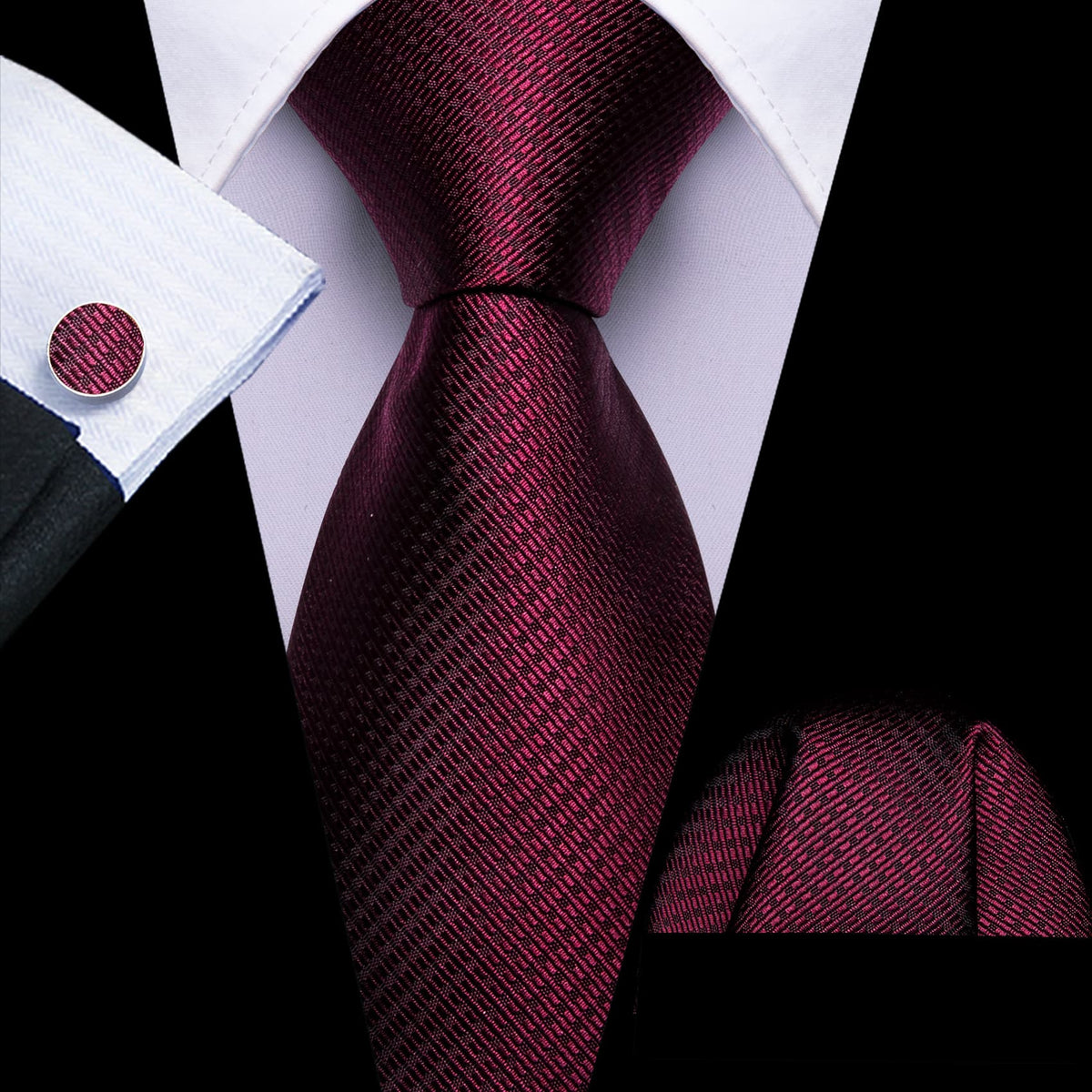 Dark Red Geometric Jacquard Tie, Pocket Square, and Cufflinks Set tie sets    - Sophisticated Gentlemen