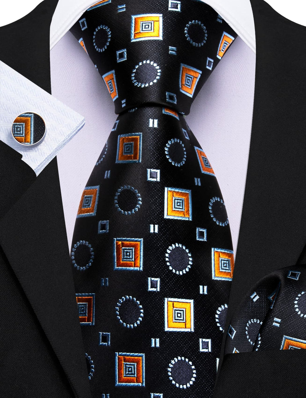 Black Orange Blue Jacquard Squares Novelty Tie, Pocket Square and Cufflinks Set tie sets    - Sophisticated Gentlemen