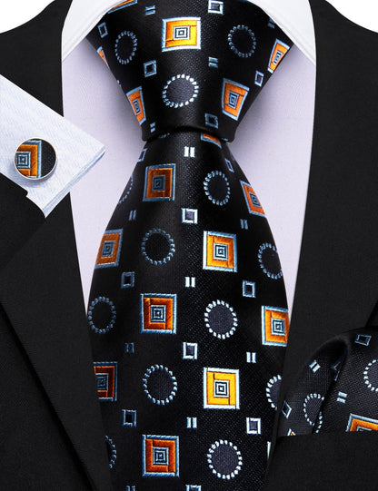 Black Orange Blue Jacquard Squares Novelty Tie, Pocket Square and Cufflinks Set tie sets    - Sophisticated Gentlemen