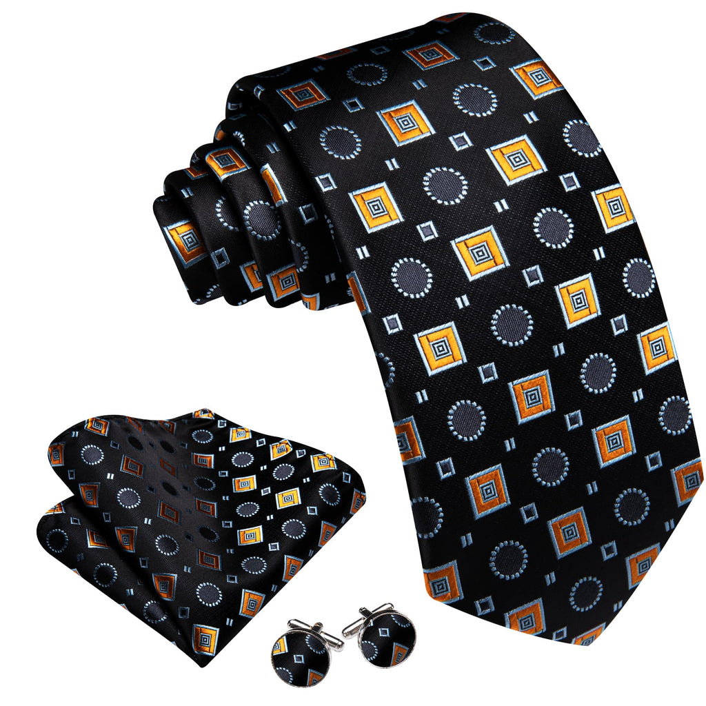 Black Orange Blue Jacquard Squares Novelty Tie, Pocket Square and Cufflinks Set tie sets    - Sophisticated Gentlemen