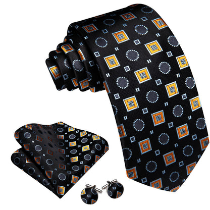Black Orange Blue Jacquard Squares Novelty Tie, Pocket Square and Cufflinks Set tie sets    - Sophisticated Gentlemen