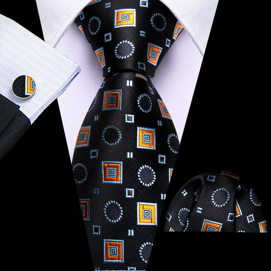 Black Orange Blue Jacquard Squares Novelty Tie, Pocket Square and Cufflinks Set tie sets    - Sophisticated Gentlemen