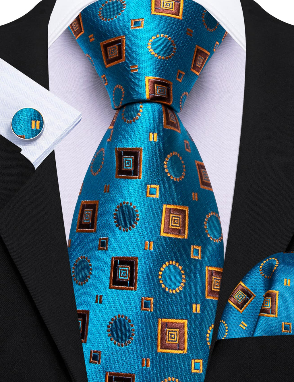 Sky Blue Orange Brown Squares Novelty Tie, Pocket Square and Cufflinks Set tie sets    - Sophisticated Gentlemen