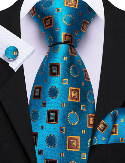 Sky Blue Orange Brown Squares Novelty Tie, Pocket Square and Cufflinks Set tie sets    - Sophisticated Gentlemen