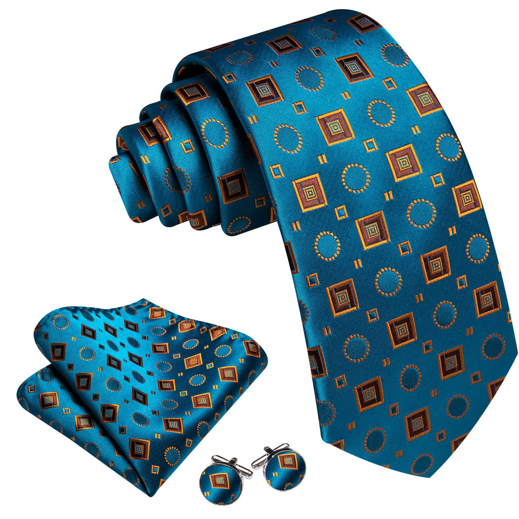 Sky Blue Orange Brown Squares Novelty Tie, Pocket Square and Cufflinks Set tie sets    - Sophisticated Gentlemen