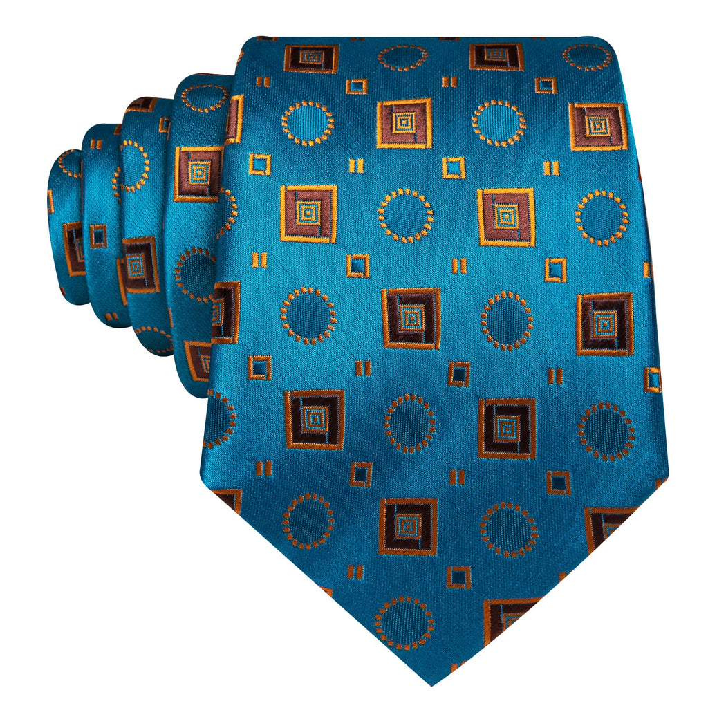 Sky Blue Orange Brown Squares Novelty Tie, Pocket Square and Cufflinks Set tie sets    - Sophisticated Gentlemen