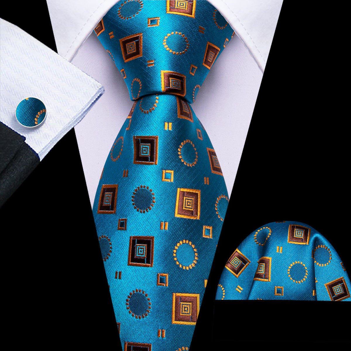 Sky Blue Orange Brown Squares Novelty Tie, Pocket Square and Cufflinks Set tie sets    - Sophisticated Gentlemen