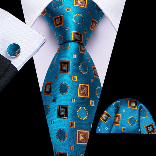Sky Blue Orange Brown Squares Novelty Tie, Pocket Square and Cufflinks Set tie sets    - Sophisticated Gentlemen